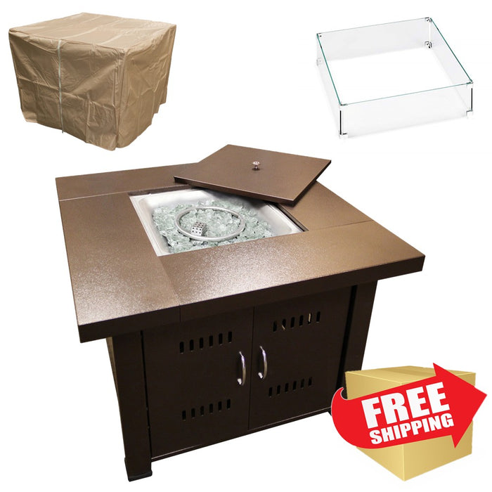 Square Fire Pit In Hammered Bronze with Cover and Wind Glass | DISCONTINUED